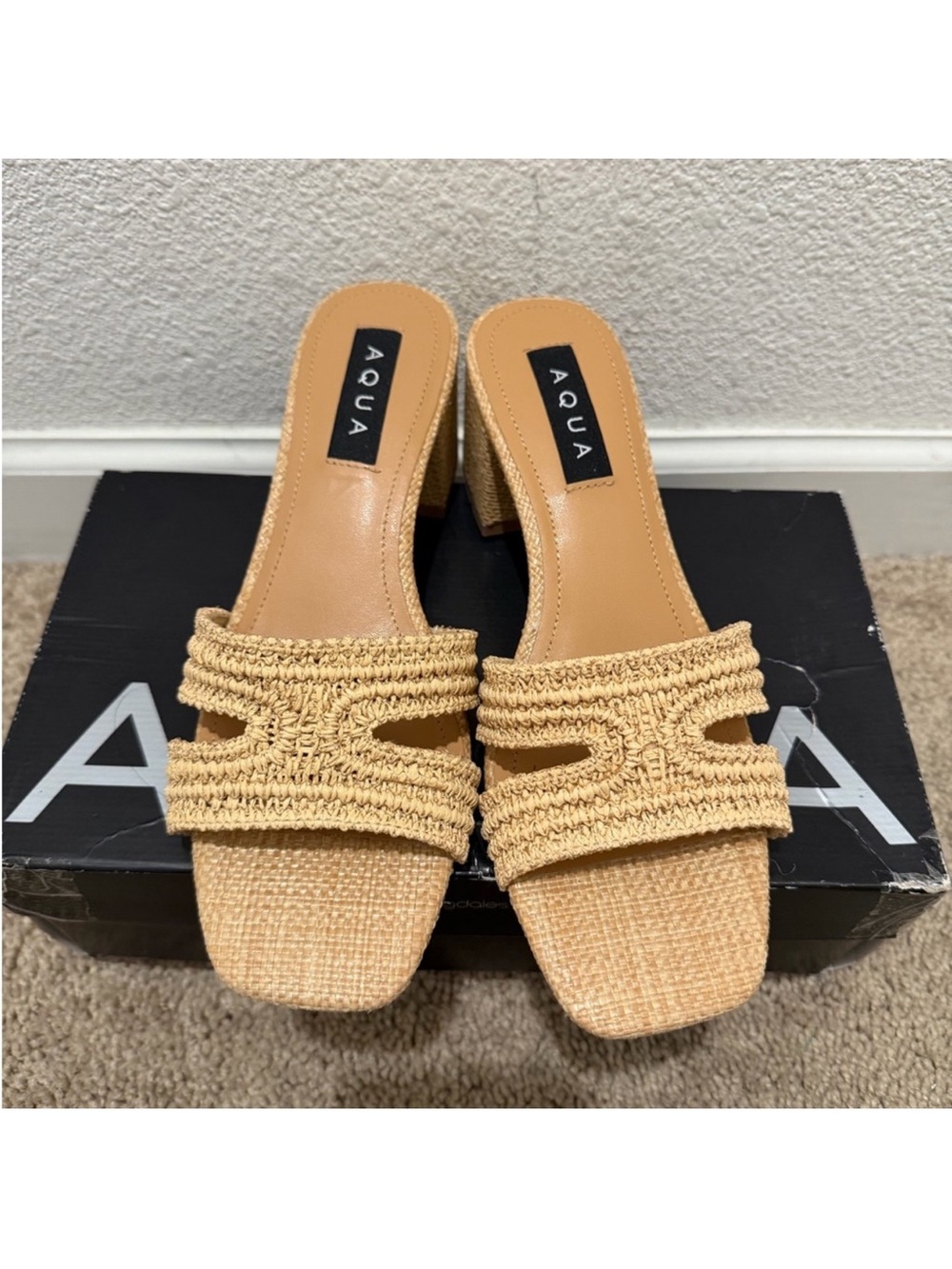 Aqua Tan Woven Raffia Slide Mules